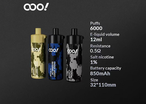 Μεγάλο μίας χρήσης ηλεκτρονικό τσιγάρο 6000Puffs νικοτίνης καπνού επανακαταλογηστέο 1%