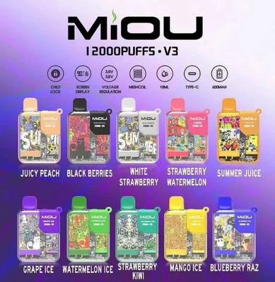 Ζεστή πώληση Miou V3 20 γεύσεις Disposable Vape Display Screen 12000 Puffs Νικοτίνη E Cig Vape